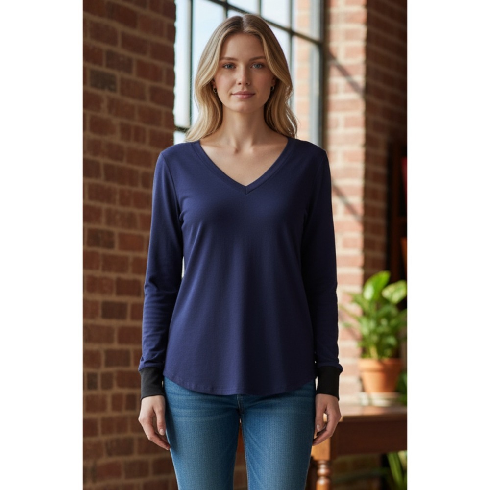 Universal Standard Rhine V-Neck Colorblock‎ Cuff Top Evening Blue Black Size XS